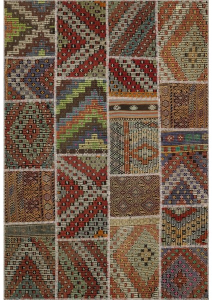 Patchwork Kahverengi Patchwork Yün ve Pamuk El Dokuma Oda Salon Halısı