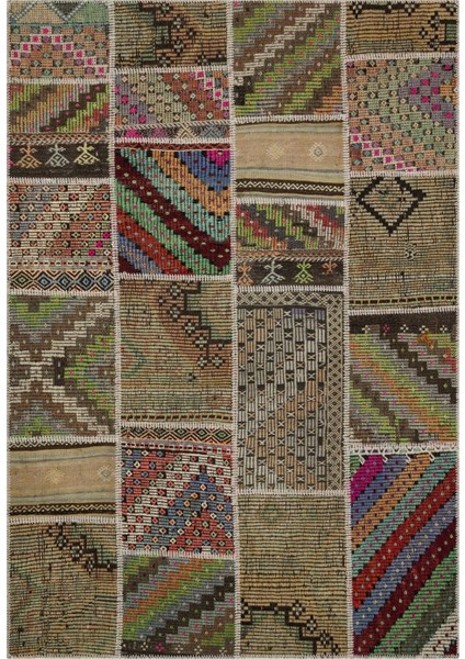 Patchwork Kahverengi Patchwork Yün ve Pamuk El Dokuma Oda Salon Halısı