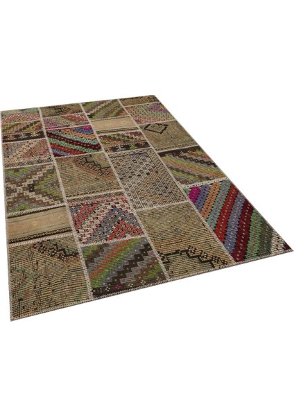 Patchwork Kahverengi Patchwork Yün ve Pamuk El Dokuma Oda Salon Halısı modelleri