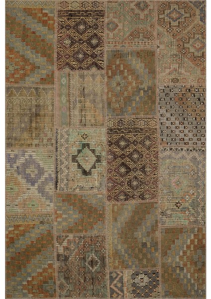 Patchwork Kahverengi Patchwork Yün ve Pamuk El Dokuma Oda Salon Halısı