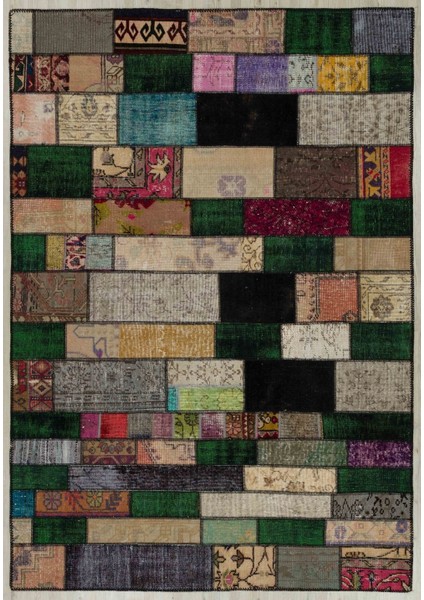 Patchwork Yeşil Patchwork Yün ve Pamuk El Dokuma Oda Salon Halısı