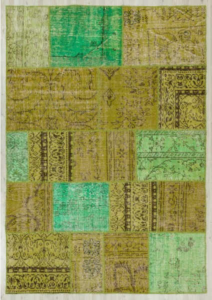 Patchwork Yeşil Patchwork Yün ve Pamuk El Dokuma Oda Salon Halısı