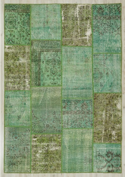 Patchwork Yeşil Patchwork Yün ve Pamuk El Dokuma Oda Salon Halısı