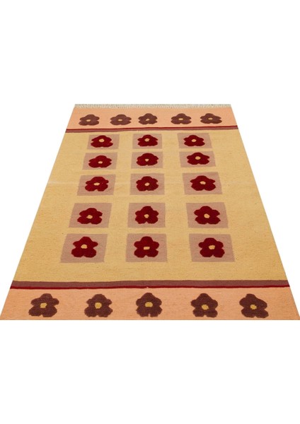 Kilim Bej Çiçekli Yün ve Pamuk Kilim Oda Salon Halısı