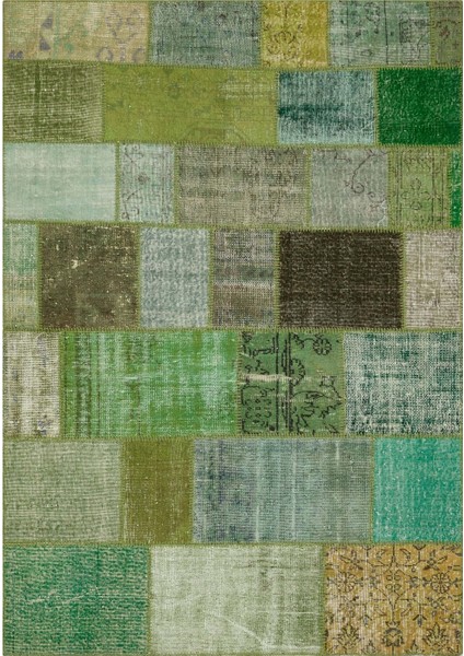 Patchwork Yeşil Patchwork Yün ve Pamuk El Dokuma Oda Salon Halısı