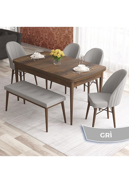 Concept Elf Serisi 80X132 Açılabilir Barok Ahşap Desen Mutfak Masa Takımı 4 Sandalye 1 Bench Gold Halkalı
