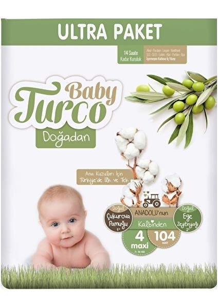 Baby Turco Doğadan Cırtlı Bebek Bezi 4'lü Fırsat Paketi 4 Numara 8-14 Kg 104 Adet