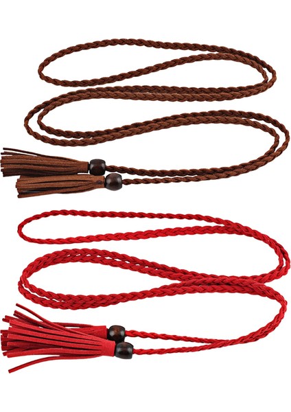 2x Dokuma Bel Kemeri Vintage Tarzı Bel Bandı, Boncuk Bayan Kot Pantolon Parti Koyu Kahverengi ve Kırmızı (Yurt Dışından) fiyatları