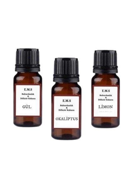 Gül - Okaliptus - Limon Saf Esansiyel Uçucu Yağ Buhurdanlık Yağı Difüzör Esansı Aromaterapi Yağı 3 x 10 ml