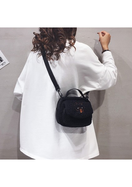 Siyah Kadınlar Küçük Peluş Omuz Çantası Kadın Küçük Tuval Çapraz Vücut Çanta Bayanlar Nakış Fermuar Bez Çanta Cep Telefonu Çantası Tote (Yurt Dışından)
