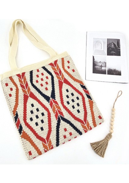 Beigeb Bayan Örgü Çingene Bohem Boho Chic Aztek Tote Çanta Kadın Tığ Yün Açık Alışveriş Üstten Saplı Çanta Kadın Günlük Çanta (Yurt Dışından)