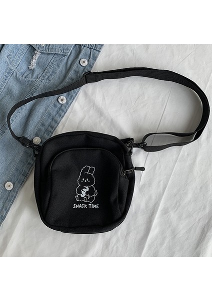Siyah Sevimli Tavşan Tuval Kadın Küçük Crossbody Çanta Rahat Öğrenci Kız Postacı Çantası Vintage Bayanlar Telefon Çanta Çanta Omuz Çantası (Yurt Dışından)