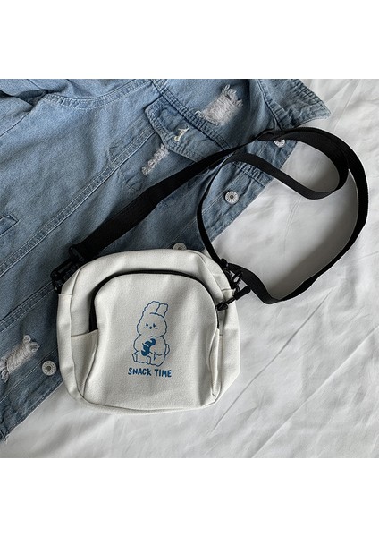 Beyaz Sevimli Tavşan Tuval Kadın Küçük Crossbody Çanta Rahat Öğrenci Kız Postacı Çantası Vintage Bayanlar Telefon Çanta Çanta Omuzdan Askili Çanta (Yurt Dışından)