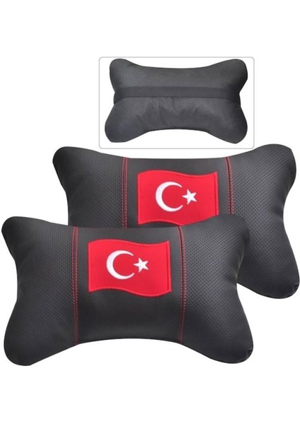Türk Bayraklı Lüks Deri Oto Yastık Boyun Yastığı