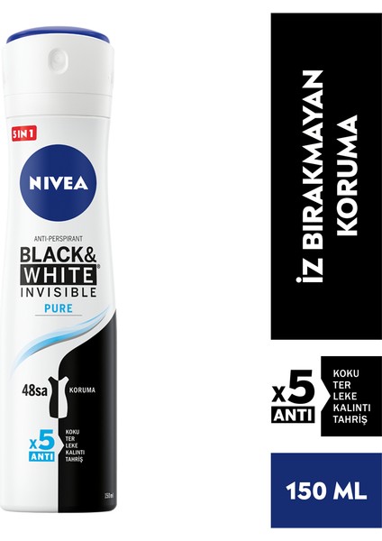 Kadın Sprey Deodorant Invisible Black & White Pure 150 ml x3 Adet, 48 Saat Anti-perspirant Koruma