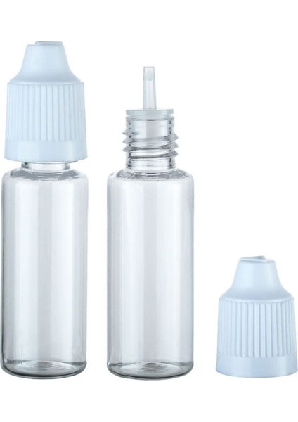 100 Adet - 20ML Şeffaf Plastik Likit Şişesi - Iğne Uclu Damlalıklı Pet Şişe, Beyaz Kapaklı