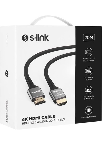 SLX-HD4K20 19+1 HDMI To HDMI 20M Metal V2.0 4K (4096*2160) 30Hz Kablo