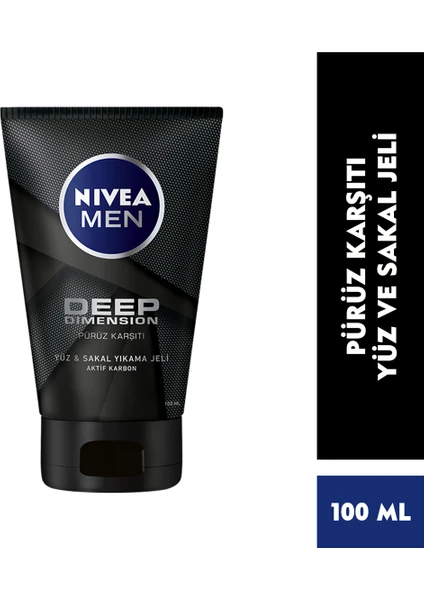 NIVEA Men Deep Dimension Yüz ve Sakal Temizleme Jeli 100ml, Aktif Karbon İçeriği ile Cildi Arındırır