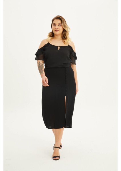 Beli Lastikli Düğmeli Midi Etek modelleri