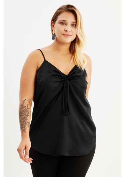 Saten İp Askılı Büzgülü Bluz