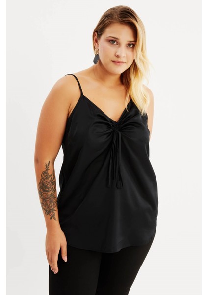 Saten İp Askılı Büzgülü Bluz