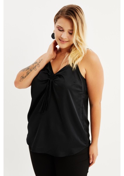 Saten İp Askılı Büzgülü Bluz