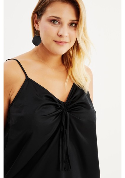 Saten İp Askılı Büzgülü Bluz