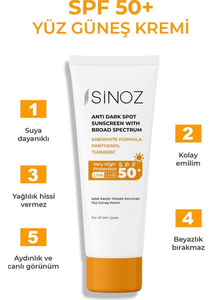 Sinoz Spf 50 Leke Karşıtı Yüksek Koruyucu Yüz Güneş Kremi 50 ml Normal Ve Kuru Ciltler Için