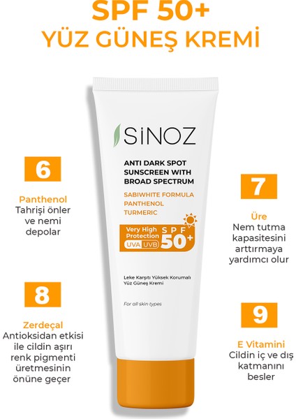 Sinoz Spf 50 Leke Karşıtı Yüksek Koruyucu Yüz Güneş Kremi 50 ml Normal Ve Kuru Ciltler Için