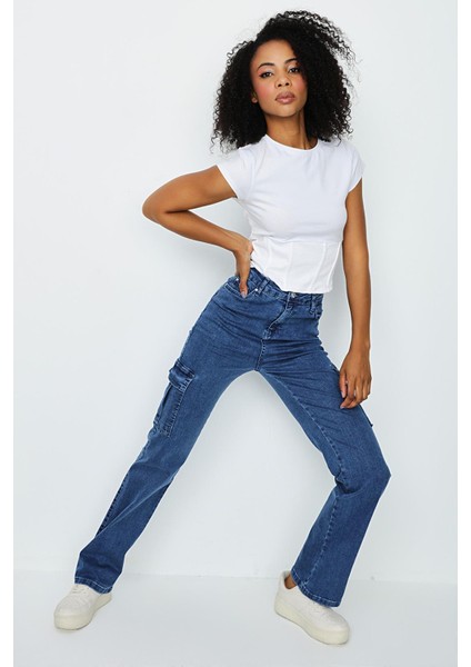 Kadın Kargo Cepli Geniş Paça Jeans