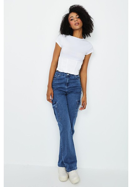 Kadın Kargo Cepli Geniş Paça Jeans