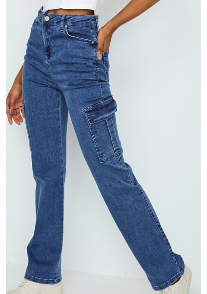 Kadın Kargo Cepli Geniş Paça Jeans