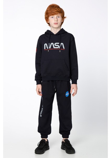 Black One Erkek Çocuk Unisex  Nasa Baskı Detaylı Oversize Kapüşonlu Çocuk Eşofman Takımı