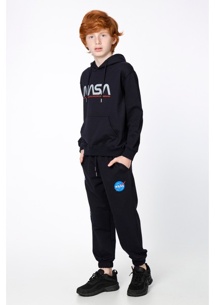 Black One Erkek Çocuk Unisex  Nasa Baskı Detaylı Oversize Kapüşonlu Çocuk Eşofman Takımı