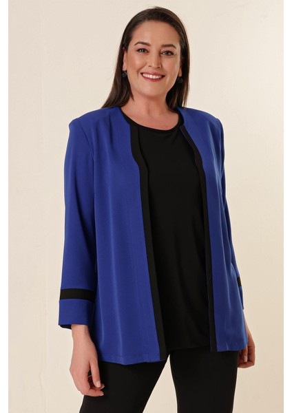 Içi Likralı Atlet Omuzlar Vatkalı Garnili Büyük Beden Krep Ceket 2'li Takım Saks