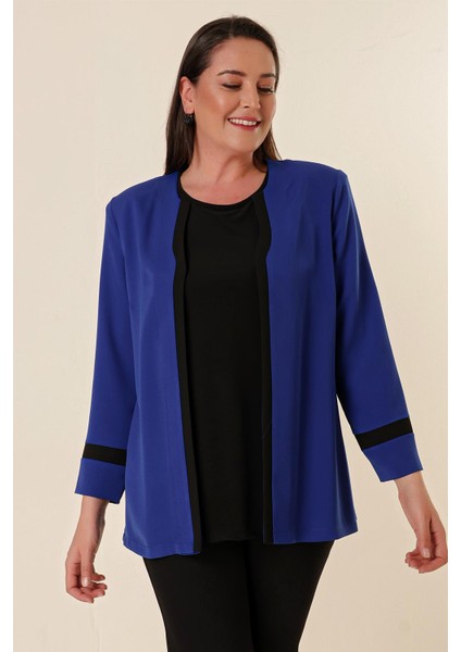 Içi Likralı Atlet Omuzlar Vatkalı Garnili Büyük Beden Krep Ceket 2'li Takım Saks fiyatları