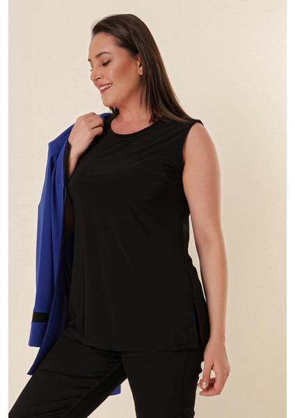 Içi Likralı Atlet Omuzlar Vatkalı Garnili Büyük Beden Krep Ceket 2'li Takım Saks modelleri