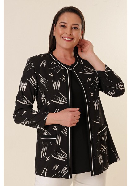 Içi Likralı Atletli Sahte Cepli Desenli Büyük Beden Krep Ceket Siyah