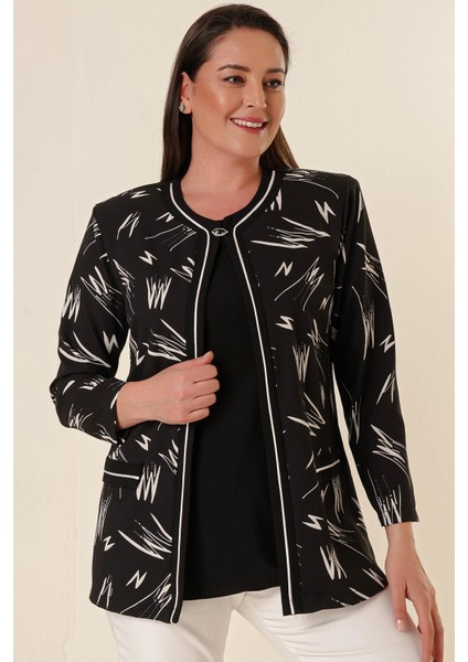 Içi Likralı Atletli Sahte Cepli Desenli Büyük Beden Krep Ceket Siyah fiyatları