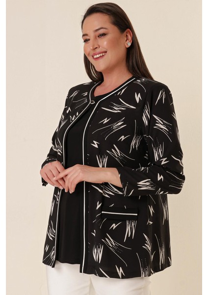 Içi Likralı Atletli Sahte Cepli Desenli Büyük Beden Krep Ceket Siyah modelleri