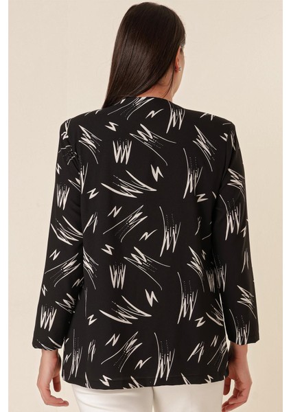 Içi Likralı Atletli Sahte Cepli Desenli Büyük Beden Krep Ceket Siyah indirimleri