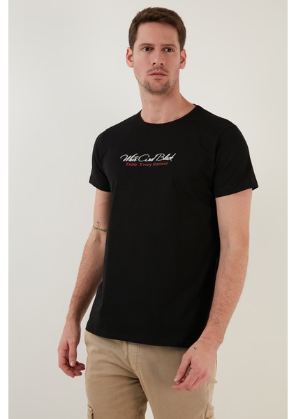 Yazı Baskılı Bisiklet Yaka Pamuk Slim Fit T Shirt Erkek T Shirt 541ENJOY