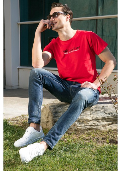 Yazı Baskılı Bisiklet Yaka Pamuk Slim Fit T Shirt Erkek T Shirt 541ENJOY