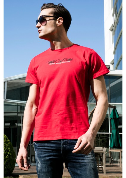 Yazı Baskılı Bisiklet Yaka Pamuk Slim Fit T Shirt Erkek T Shirt 541ENJOY fiyatları
