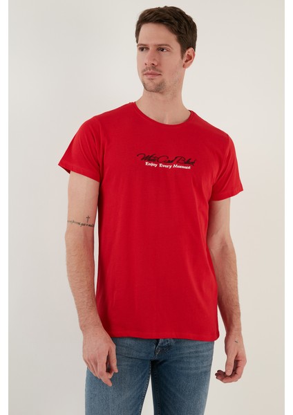 Yazı Baskılı Bisiklet Yaka Pamuk Slim Fit T Shirt Erkek T Shirt 541ENJOY