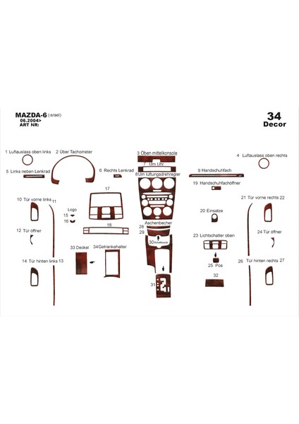 Meriç® Mazda 6 Ön Torpido Kaplama Maun 34 Parça 2004-2007