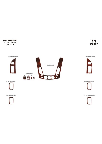 Meriç® Mitsubishi L200 4x4 Ön Torpido Kaplama Maun 11 Parça 2007-2013