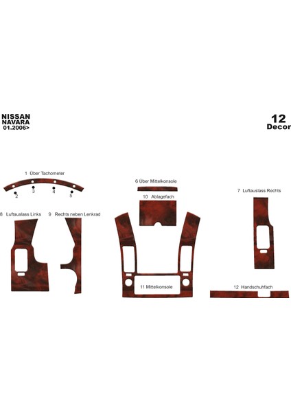 Meriç® Nissan Navara Ön Torpido Kaplama Maun 12 Parça 2006-2010