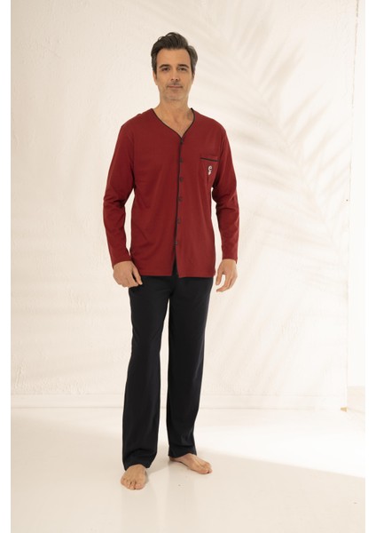 Erkek Uzun Kollu Önden Düğmeli Cepli Yazlık Penye Pijama Takımı