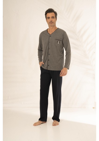 Erkek Uzun Kollu Önden Düğmeli Cepli Yazlık Penye Pijama Takımı modelleri